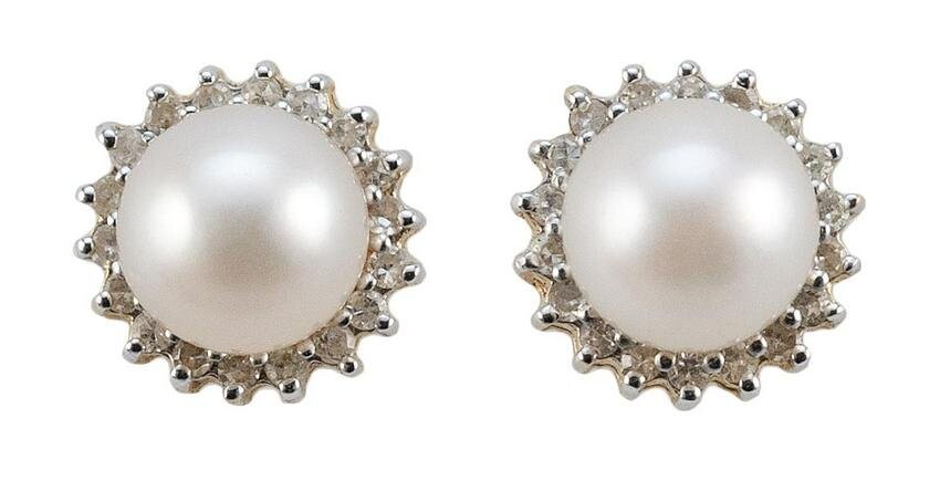 PAIR OF 14KT GOLD, CULTURED PEARL AND DIAMOND STUD