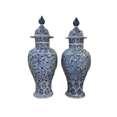 PAIR OF CHINESE BLUE & WHITE VASES HEAVILY DECORATED KANGXI ...