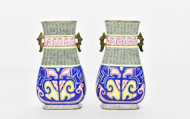PAIR OF CHINESE POLYCHROME ENAMEL ON COPPER VASES