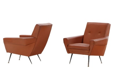 PAIR UPHOLSTERED CLUB CHAIRS ON IRON LEGS C 1950.