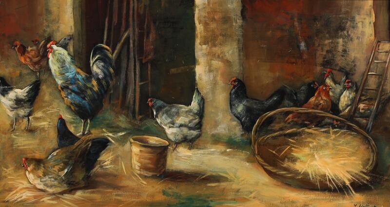 NOT SOLD. Painter unknown, 19th century: Farm exterior with chickens. Signed J. Malinot. Oil on board. 27.5 x 50 cm. – Bruun Rasmussen Auctioneers of Fine Art