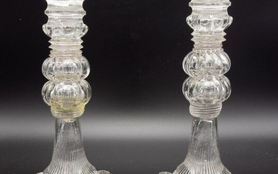 Antique 19c Pair Lacy Flint Sandwich Glass Candlesticks