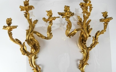 Pair Rococo-Style Bronze Dore Sconces