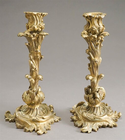 Pair Rococo Style Cast Brass Candlesticks, H: 9-1/2 in