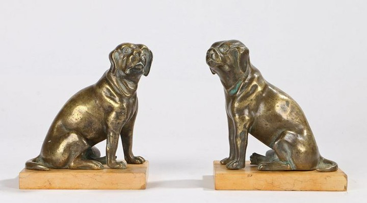 Pair of 19th Century bronze pugs, mounted on marble