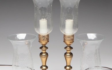 Pair of Brass Candlestick Lamps with Four Etched Glass Shades