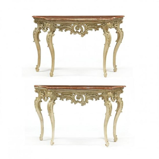 Pair of Continental Rococo Style Marble Top Console