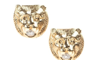 Pair of Diamond, 14k Yellow Gold Lion Stud Earrings.