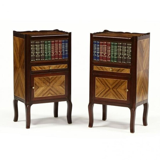 Pair of French Inlaid Faux Book Side Cabinets