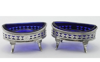 Pair of George III silver open salts with blue glass liners,...
