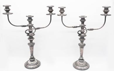 Pair of George IV-Style 3-Light Silver Plate Candelabra