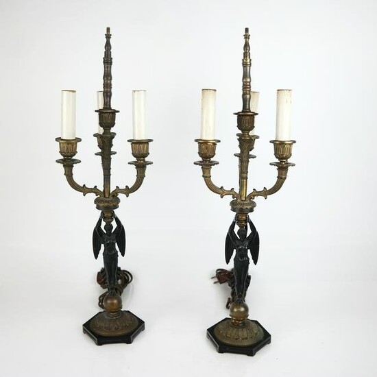 Pair of Gilt & Patinated Bronze Candelabra Lamps