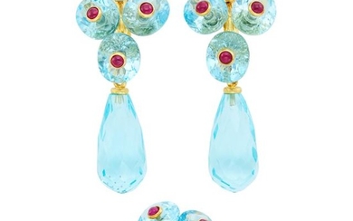 Pair of Gold, Blue Topaz Bead, Cabochon Ruby and Blue Glass Briolette Pendant-Earclips and Ring, Prince Dimitri