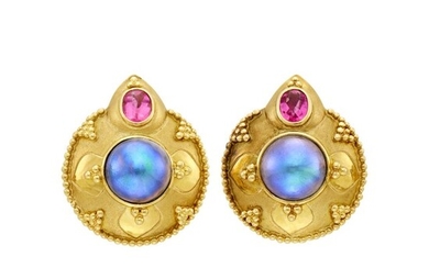 Pair of Gold, Gray Mabé Pearl and Pink Tourmaline Earrings