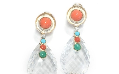 Pair of Gold, Rock Crystal, Coral, Turquoise, Chrysoprase and Diamond Pendant-Earclips