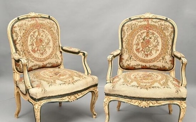 Pair of Louis XV Style Paint Decorated Fauteuils