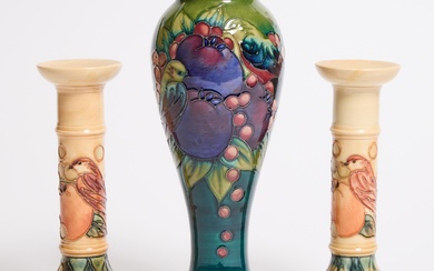 Pair of Moorcroft 'Finch and Fruit' Table Candlesticks and Vase, c.1991