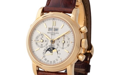 Patek Philippe. Extremely Rare and Attractive Perpetual Calendar Chronograph Wristwatch in Yellow Gold Reference 3971, With Moon Phases and Extract from Archives
