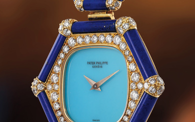 Patek Philippe, Ref. 4364/3 A highly rare and attractive yellow gold, diamond, lapis lazuli and turquoise bracelet watch with ring and pendant