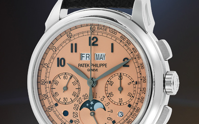 Patek Philippe, Ref. 5270P-001 A rare and highly attractive platinum perpetual calendar chronograph wristwatch with salmon dial, day night indication, moon phase, leap year indication, additional solid caseback, Certificate of Origin, presentation box...