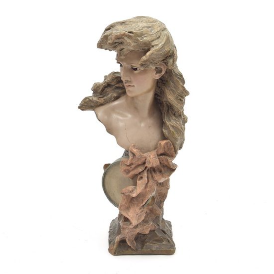 Patinated pottery art nouveau bust of a lady,...