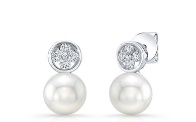 Pearl And Diamond Button Post Drop Earrings In 14k White Gold (8mm)