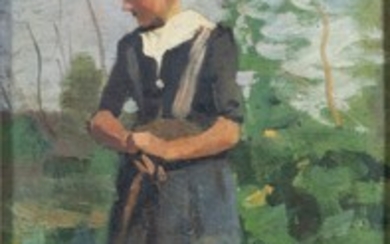 Pieter ter Meulen (1843-1927), peasant gorl in garden, marouflé, signed...