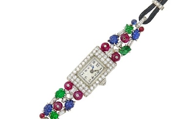 Platinum, Carved Colored Stone and Diamond 'Tutti Frutti' Wristwatch, France