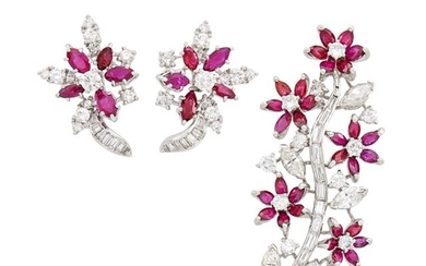 Platinum, Ruby and Diamond Flower Brooch and Pair of Earclips