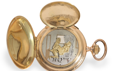 Pocket watch: heavy gold hunting case watch with minute repeater and erotic automaton, ca. 1900