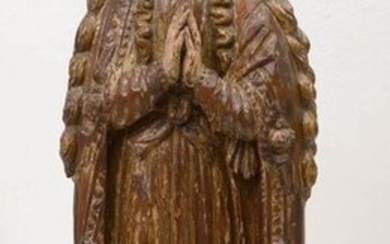 "Praying Virgin Crushing the Snake" in chestnut carved and polychromed. Spanish work. Period: 17th century. (* and missing). H.:+/-95cm.