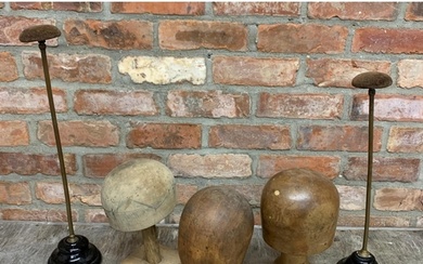 Quantity of antique hand carved wooden wig or hat stands wit...