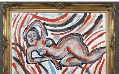 R. Monti, Mid-Century Reclining Nude in Abstract Oil/c