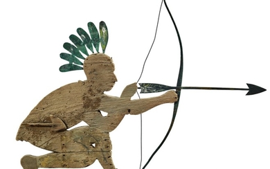 RARE AMERICAN CARVED PINE AND MOLDED SHEET-COPPER NATIVE AMERICAN ARCHER WEATHERVANE, EARLY 20TH CENTURY