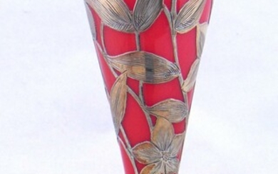 Red silver overlay trumpet vase