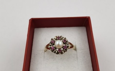 Ring - 14 kt. White gold, Yellow gold Pearl - Ruby