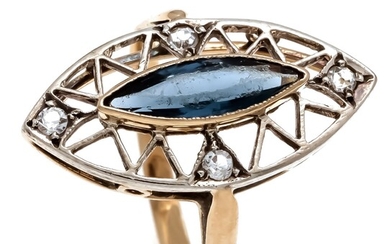 Ring GG / WG 750/000 unmarke, expertized, with a navette-shaped fac. Blue and round fac., White gemstones, RG 53, 3.0 g