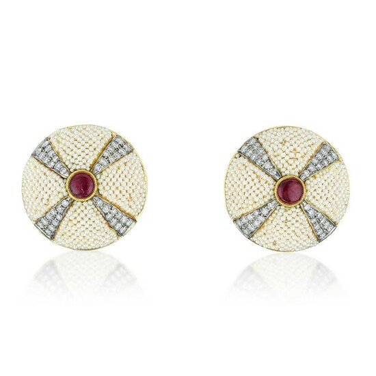 Ruby Diamond Seed Pearl and Enamel Earrings