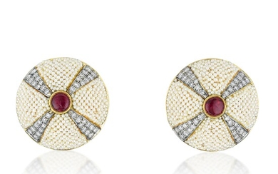 Ruby Diamond Seed Pearl and Enamel Earrings