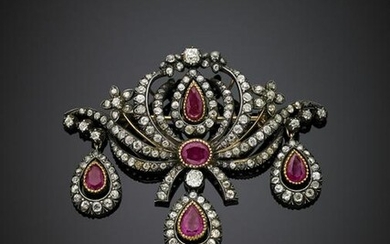 Ruby and diamond silver and gold volute and flower