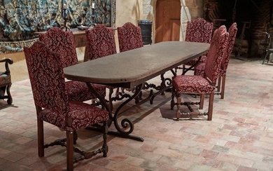 SET OF SEVEN CHAIRS mainly in walnut and...