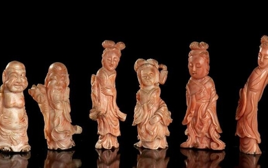 SIX SMALL CORAL FIGURES China, early 20th century