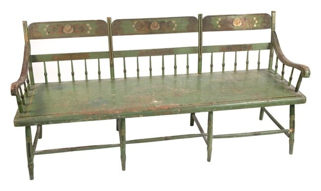 STENCIL-DECORATED DEACON'S BENCH Pennsylvania, 19th Century Back height 34.5". Seat height 17.5".