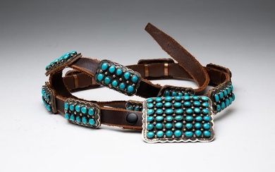 STERLING SILVER AND TURQUOISE CONCHO BELT BY DANNY MARTINEZ.