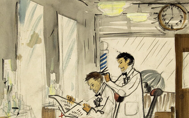 STEVAN DOHANOS. Barbershop. Preliminary study for the cover of The Saturday Evening Post,...