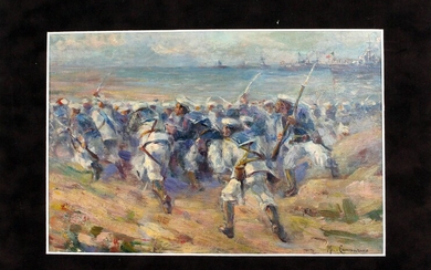 Scena di battaglia, olio su cartone, cm 20,5x31, firmato M. Cammarano