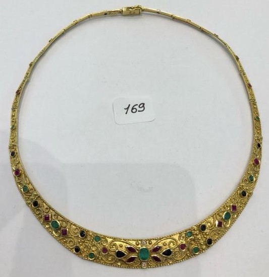 Semi-rigid necklace in yellow gold with diamond, ruby,...