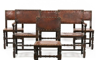 Set of Six William and Mary Style Oak and Leather