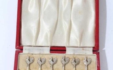 Set of six Contemporary silver cocktail sticks with cockerel terminals, in fitted case (Birmingham 1963), maker Adie Brothers Ltd, each 7.5cm in length