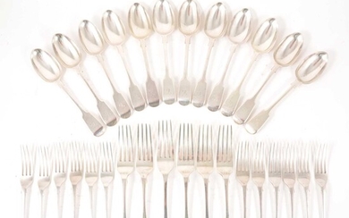 Set of twelve Victorian silver dessert spoons, George Adams, London 1868, plus silver forks.